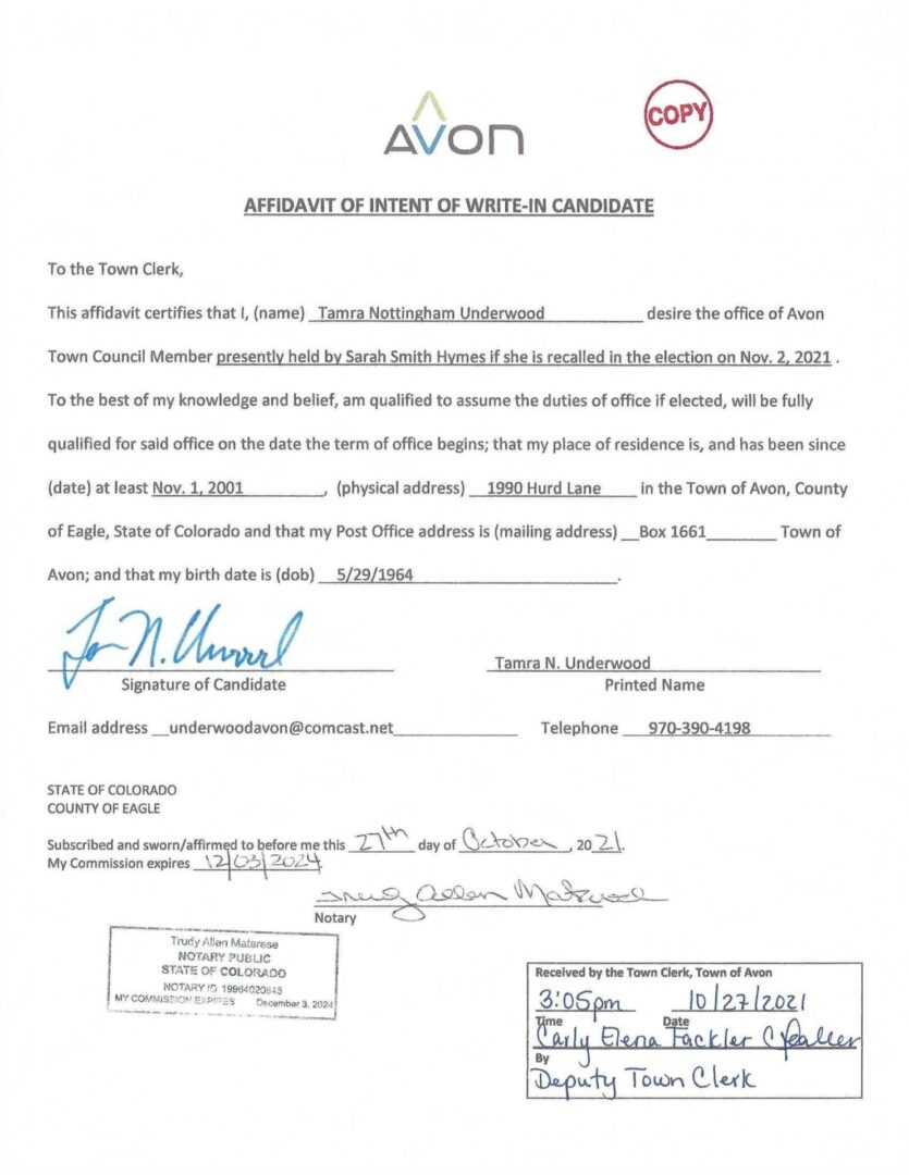 Tamra Underwood files illegal write-in candidacy in 2021 Avon recall election.